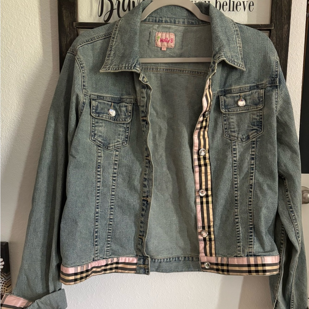 Molly B Pink and Blue Jean Jacket with Distressed Finish with cotton trim Lg